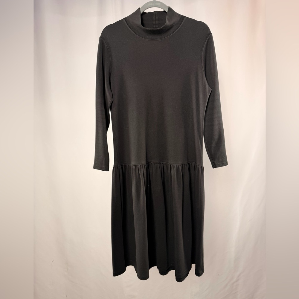 Y2K Lands' End Cotton Long Sleeve Drop Waist Midi Dress in Black Petite Small